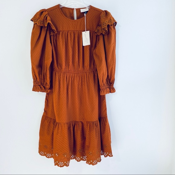 Universal Thread Brown Ruffle 3/4 Length Sleeve Eyelet Dress Size M 013096946 - Picture 7 of 11
